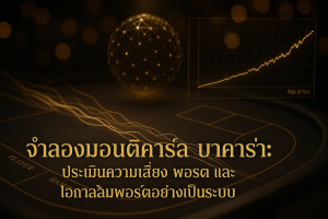 จำลองมอนติคาร์โล บาคาร่า ในภาพฟีเจอร์ธีมดำทองพร้อมกราฟความเสี่ยง พอร์ต และข้อความหัวเรื่อง