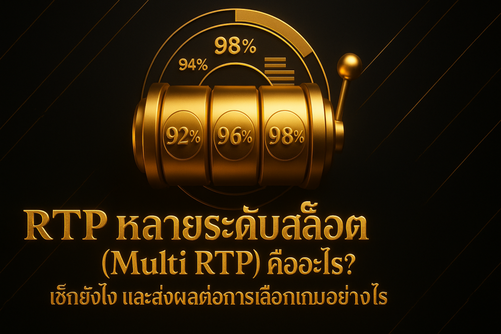 ภาพฟีเจอร์ธีมหรูหราดำทอง แสดงแนวคิด RTP หลายระดับสล็อต (Multi RTP) ด้วยรีลสล็อตและกราฟเปอร์เซ็นต์หลายชั้น