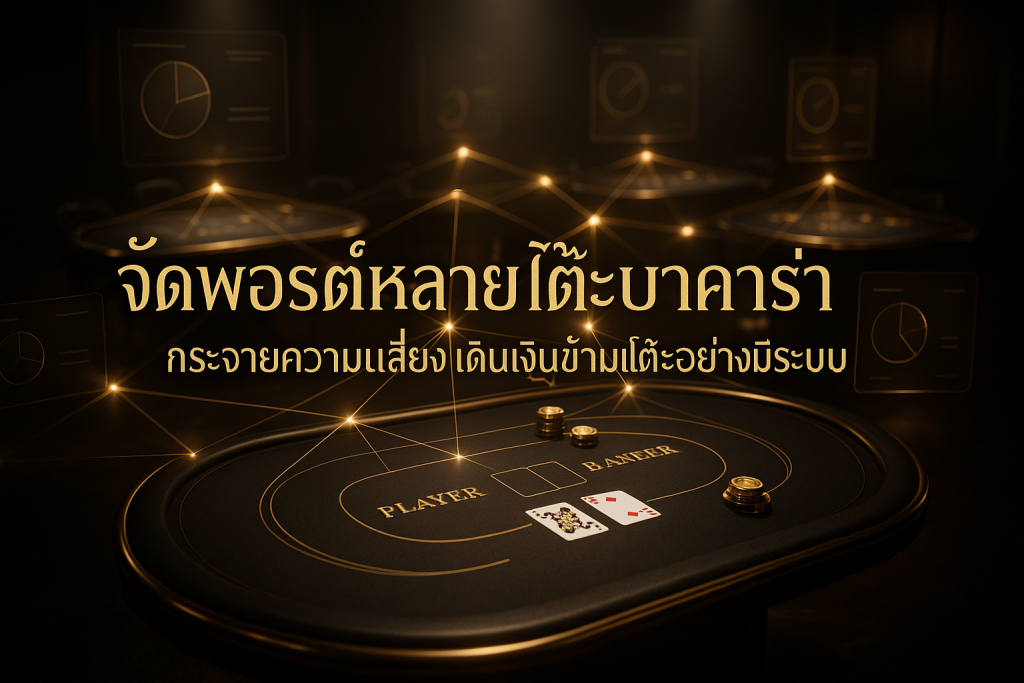 ภาพฟีเจอร์โทนดำทองสำหรับบทความ "จัดพอร์ตหลายโต๊ะบาคาร่า" แสดงหลายโต๊ะเชื่อมต่อกันเหมือนพอร์ตลงทุน พร้อมข้อความหัวข้อบนภาพ