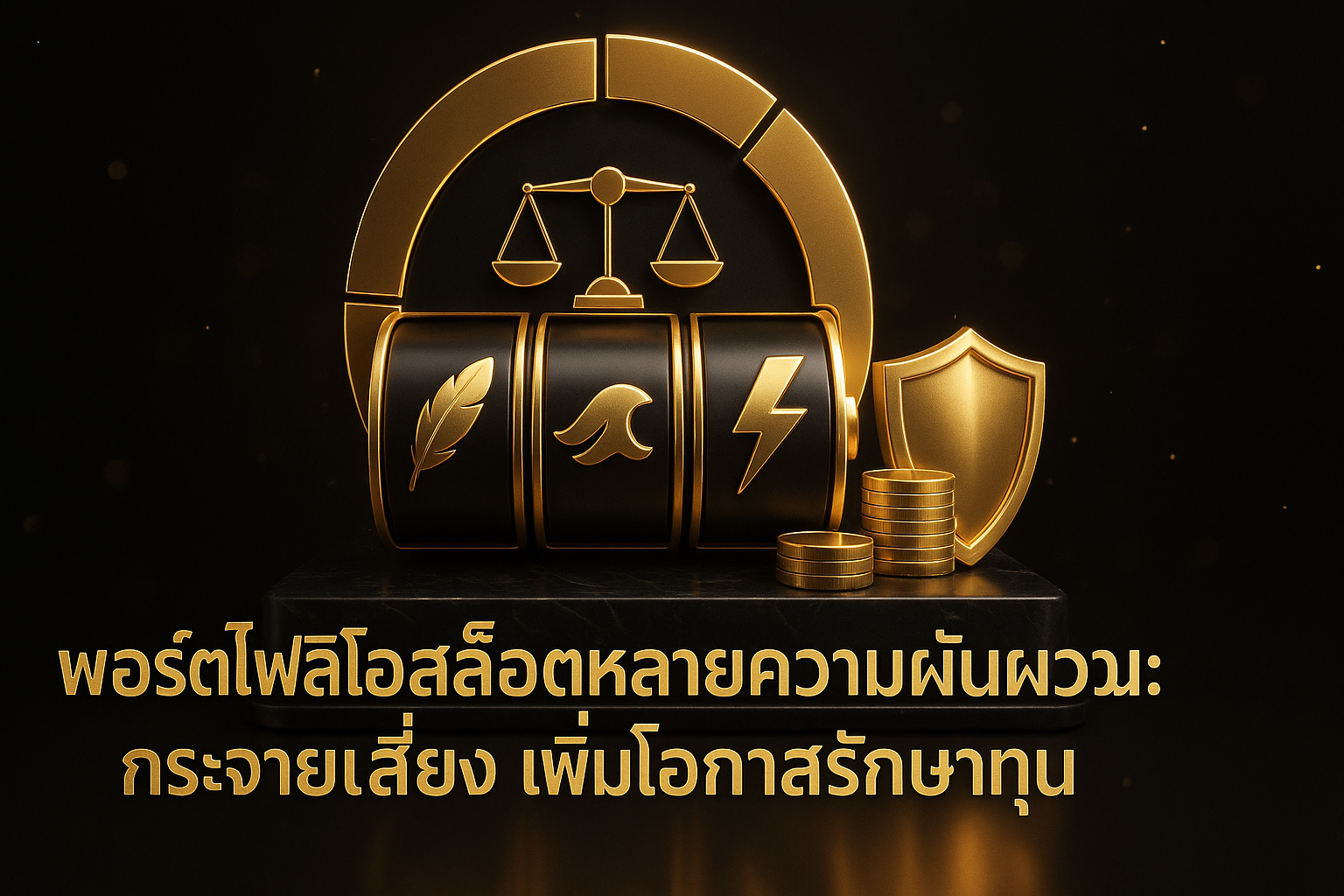 ภาพฟีเจอร์โทนดำทองสไตล์หรู แสดงพอร์ตโฟลิโอสล็อตหลายความผันผวน พร้อมข้อความหัวเรื่องภาษาไทยบนภาพ
