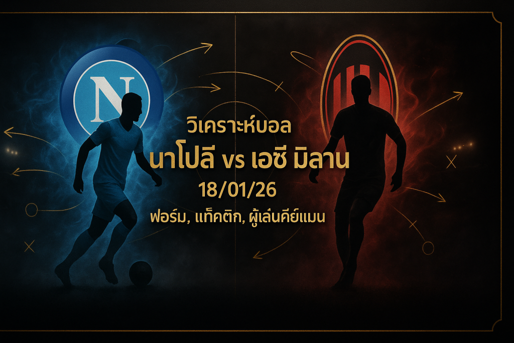 ภาพหน้าปกสำหรับ วิเคราะห์บอล นาโปลี เอซี มิลาน 18/01/26 ธีมหรูหราดำทอง พร้อมชื่อบทความอยู่บนภาพ