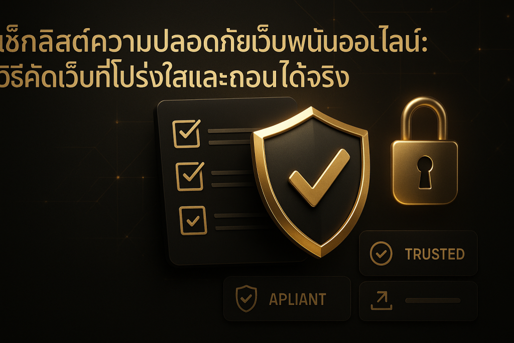 เช็กลิสต์ความปลอดภัยเว็บพนันออนไลน์: ภาพรวมวิธีคัดเว็บที่โปร่งใสและถอนได้จริง โทนหรูหราดำทองพร้อมโล่และเช็กลิสต์