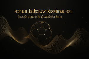 ภาพฟีเจอร์ธีมหรูหราดำทอง แสดงความแปรปรวนพาร์เลย์แทงบอล พร้อมกราฟความน่าจะเป็นและเครือข่ายรูปทรงลูกฟุตบอล มีข้อความหัวเรื่องทับบนภาพ