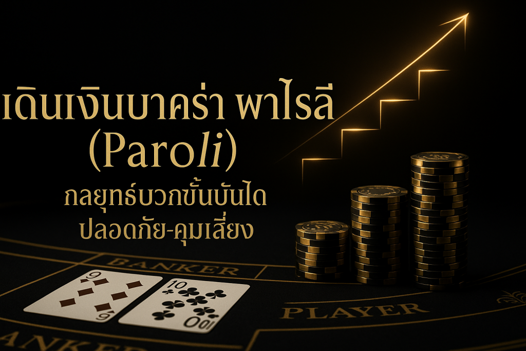 ภาพฟีเจอร์ เดินเงินบาคาร่า พาโรลี (Paroli) ธีมหรูหราดำทอง พร้อมข้อความหัวเรื่องบนภาพ