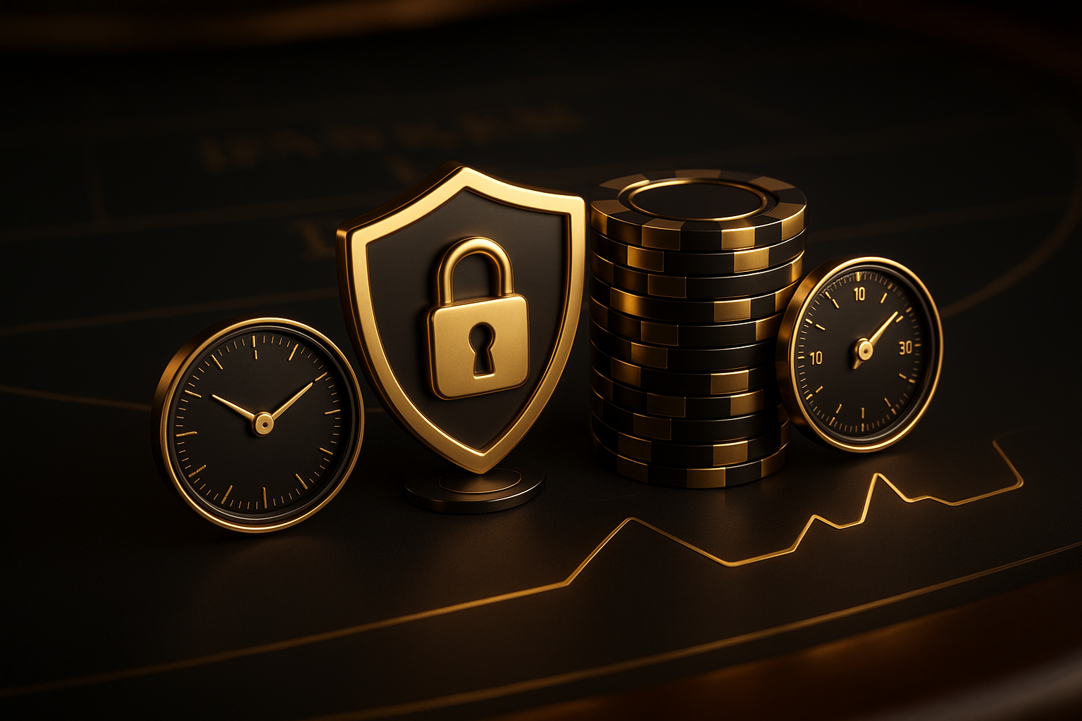 แนวคิดคุมความเสี่ยง เดินเงินบาคาร่า พาโรลี พร้อมสัญลักษณ์ stop-loss และการจัดการเงิน ธีมหรูหราดำทอง