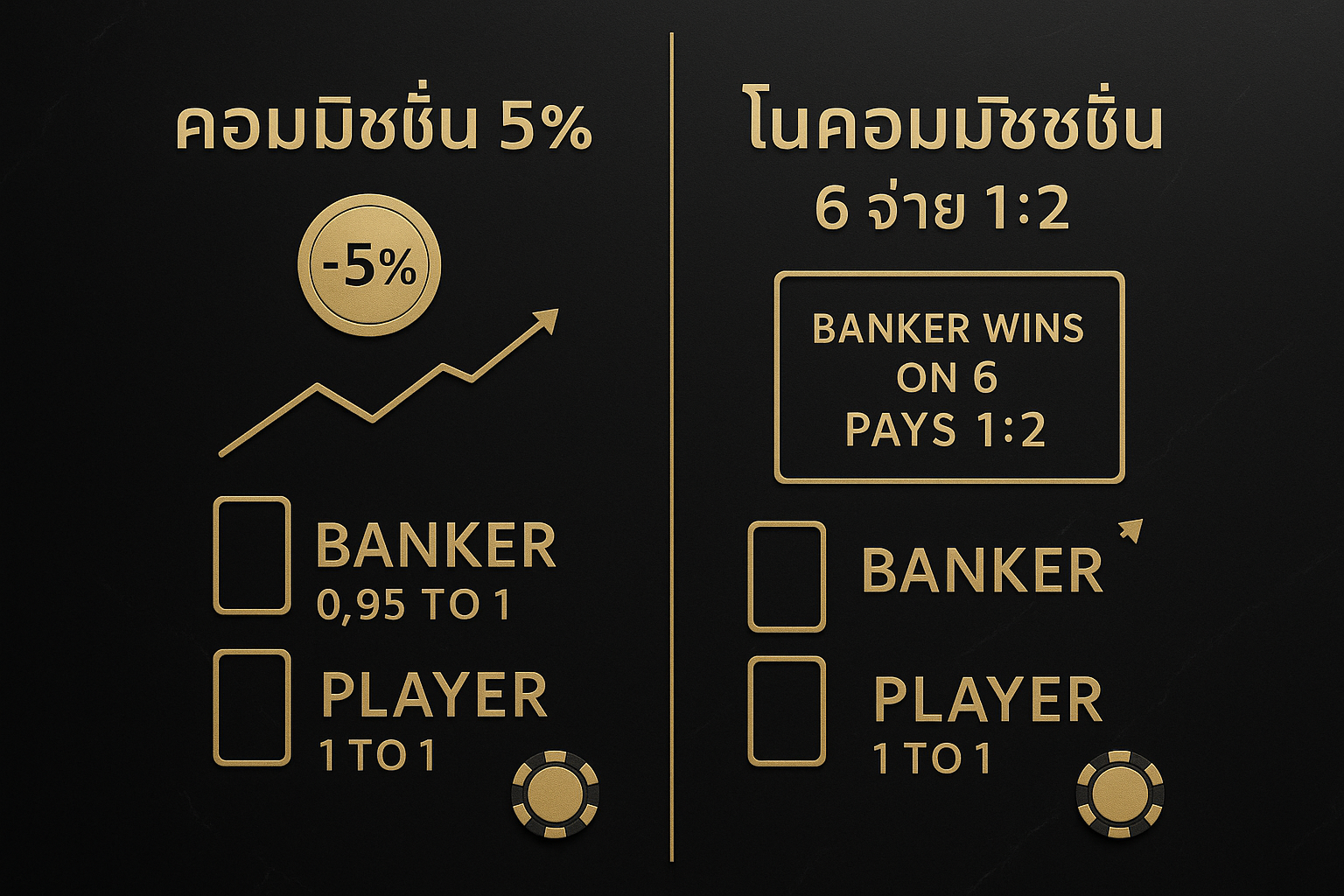 อินโฟกราฟิกโครงสร้างการจ่ายเงิน เปรียบเทียบบาคาร่าคอมมิชชั่น vs โนคอมมิชชั่น ธีมหรูหราดำทอง