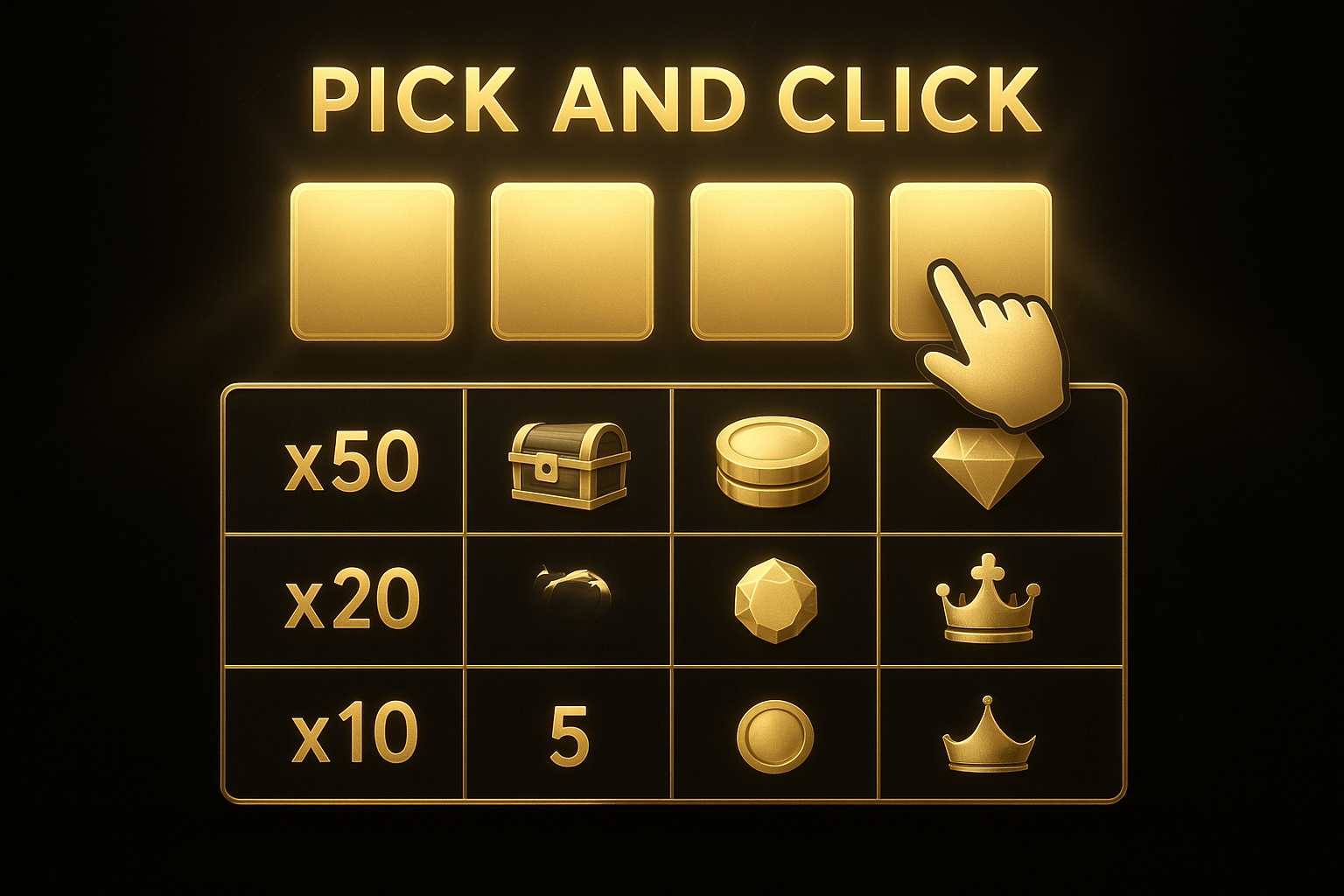 ตารางจ่ายของฟีเจอร์ Pick and Click สล็อต ในธีมดำทอง แสดงไอคอนรางวัลและตัวเลือกให้คลิก