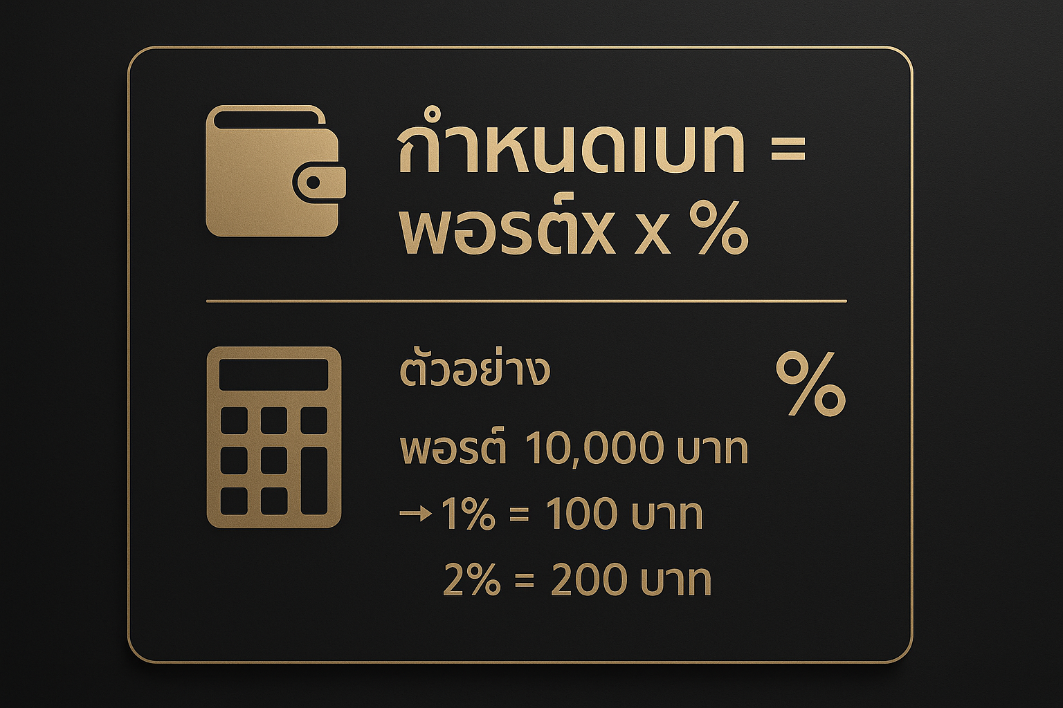 อินโฟกราฟิกสูตรกำหนดเบทสล็อตเปอร์เซ็นต์พอร์ต แสดงสูตร กำหนดเบท = พอร์ต x % และตัวอย่างคำนวณอย่างเรียบหรูโทนดำทอง