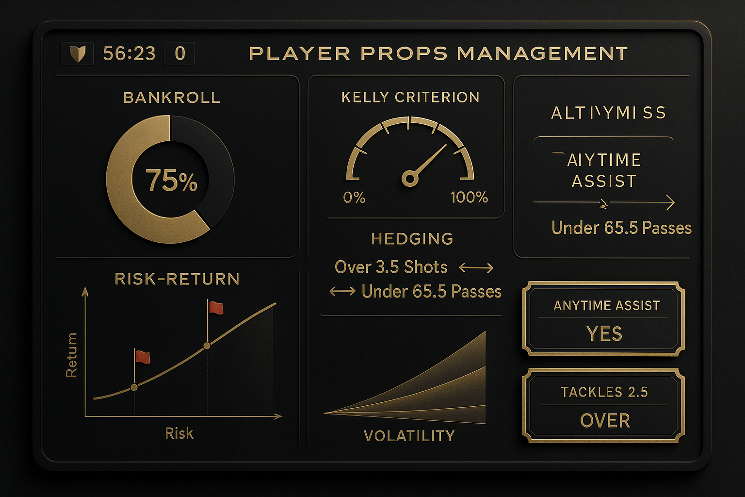 ภาพแดชบอร์ดโทนดำทองสำหรับการจัดการความเสี่ยงในเดิมพันสถิติผู้เล่นฟุตบอล แสดงกราฟความเสี่ยง-ผลตอบแทน เคลลี และเครื่องมือเฮดจ์