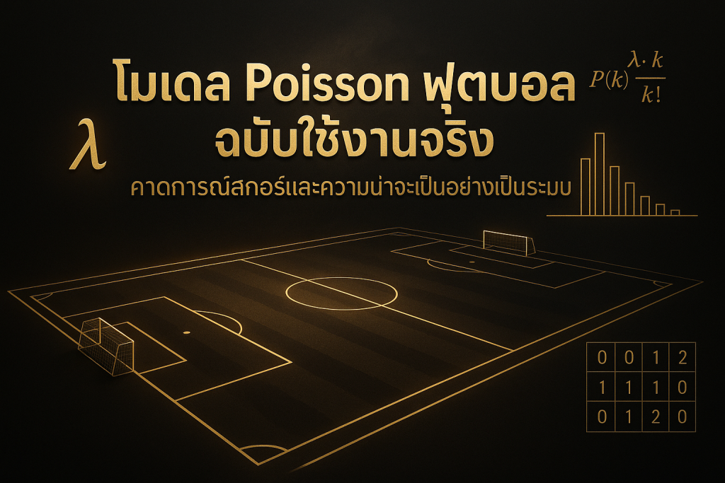 ภาพปกธีมหรูหราโทนดำทอง แสดงโมเดล Poisson ฟุตบอลสำหรับคาดการณ์สกอร์และความน่าจะเป็น พร้อมข้อความหัวเรื่องบนภาพ