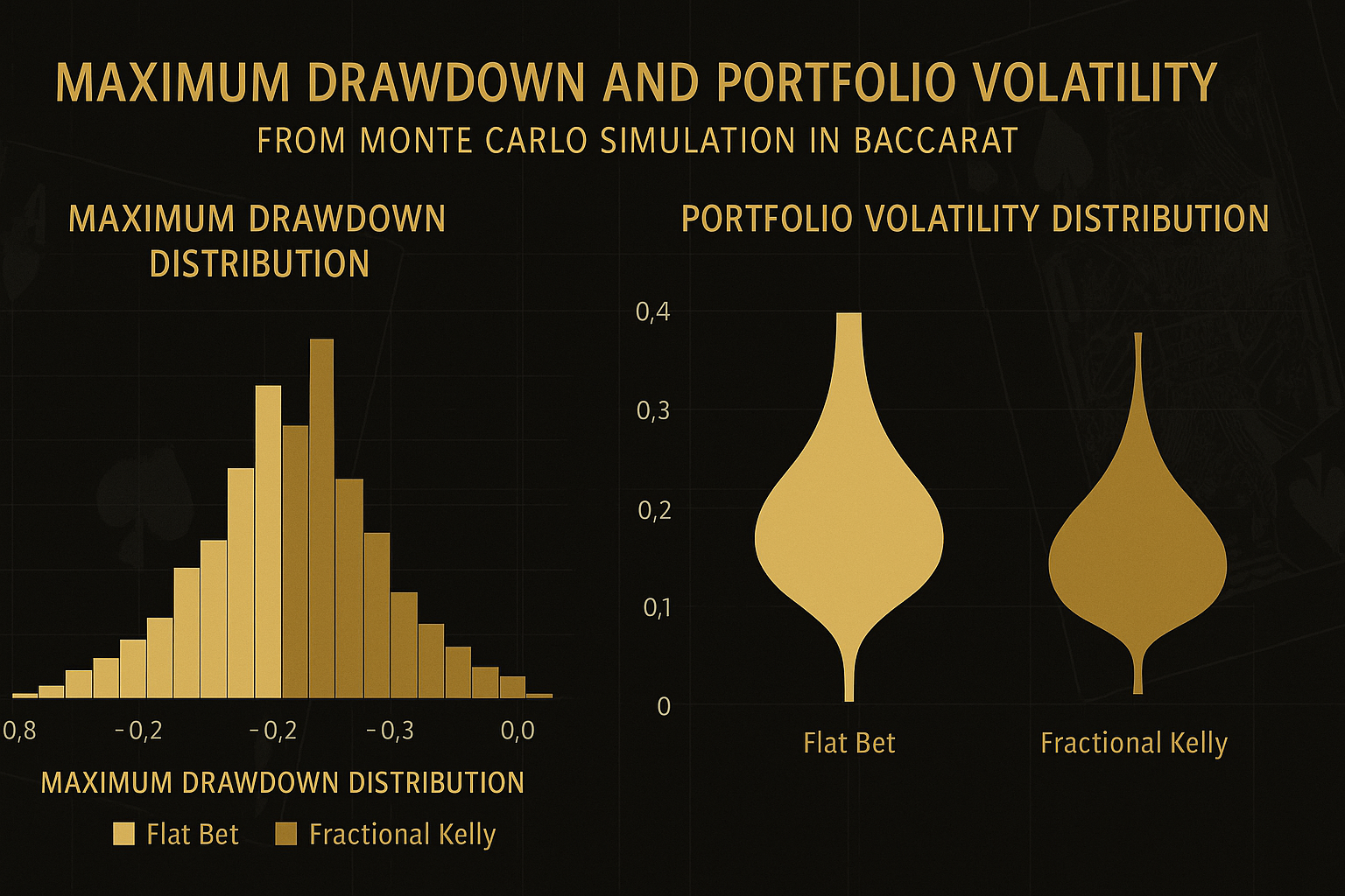 การจำลองมอนติคาร์โล บาคาร่า แสดงการกระจาย drawdown และความผันผวนของพอร์ต เปรียบเทียบกลยุทธ์เดิมพันในธีมดำทอง