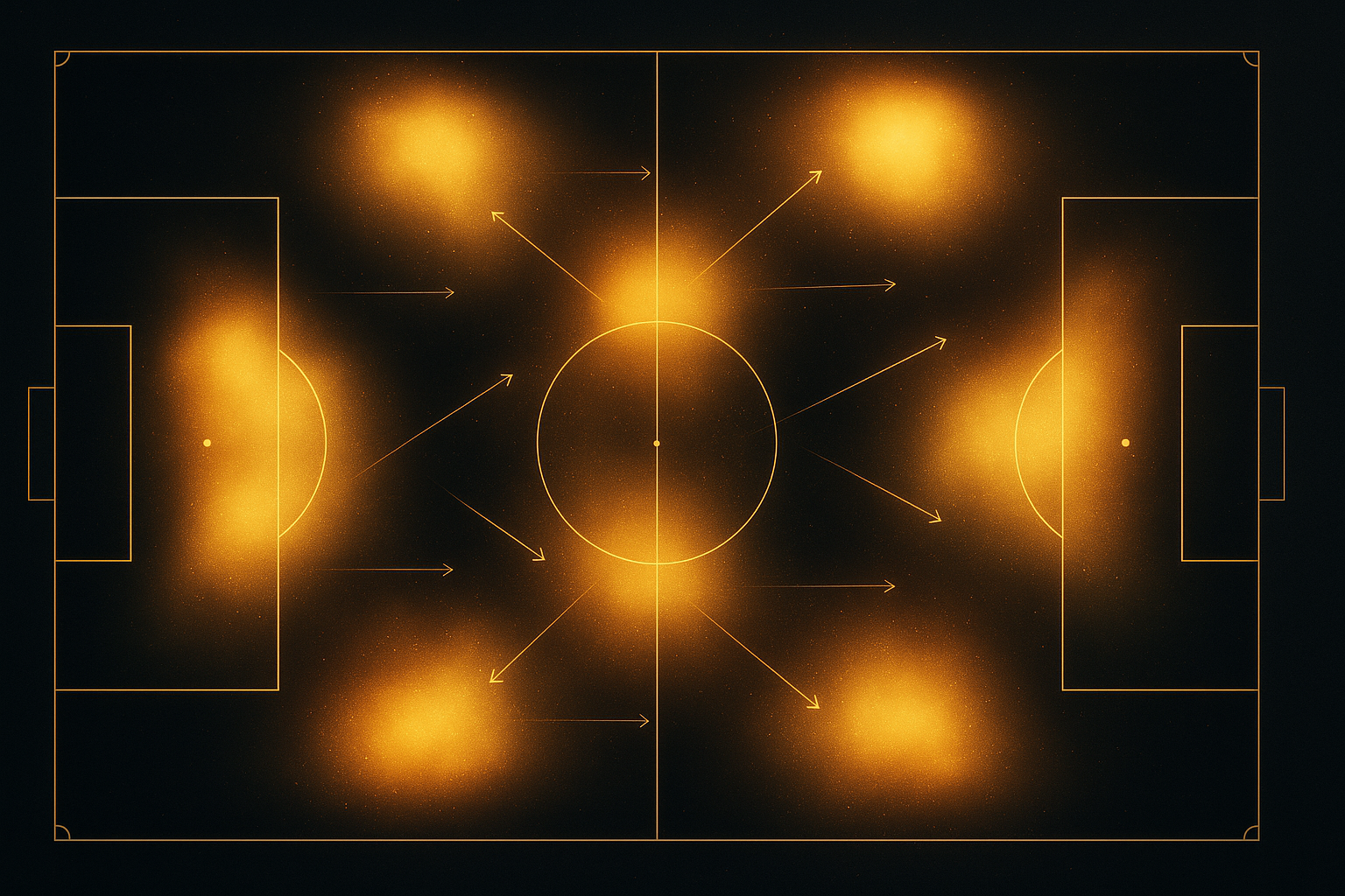 แผนที่ความร้อน (Heatmap ฟุตบอล) แสดงโซนการครองบอลและการเพรสซิ่ง ในธีมดำทอง