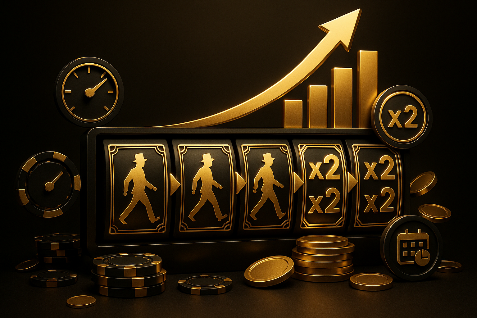 ภาพกลยุทธ์ทำกำไรสำหรับ Walking Wilds สล็อต แสดงตัวคูณที่ซ้อนกัน กราฟพุ่งขึ้น และการเดินของไวลด์ในธีมหรูหราดำทอง