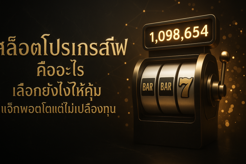 ภาพฟีเจอร์ธีมหรูหราดำทอง แสดงสล็อตโปรเกรสซีฟกับตัวเลขแจ็กพอตเรืองแสง พร้อมข้อความหัวเรื่องภาษาไทยบนภาพ