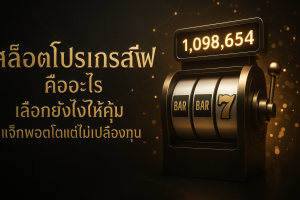 ภาพฟีเจอร์ธีมหรูหราดำทอง แสดงสล็อตโปรเกรสซีฟกับตัวเลขแจ็กพอตเรืองแสง พร้อมข้อความหัวเรื่องภาษาไทยบนภาพ