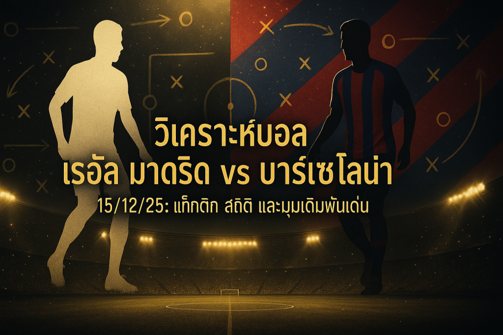 ภาพฟีเจอร์สำหรับบทความ วิเคราะห์บอล เรอัล มาดริด บาร์เซโลน่า 15/12/25 ธีมหรูหราดำทอง พร้อมหัวเรื่องบนภาพ