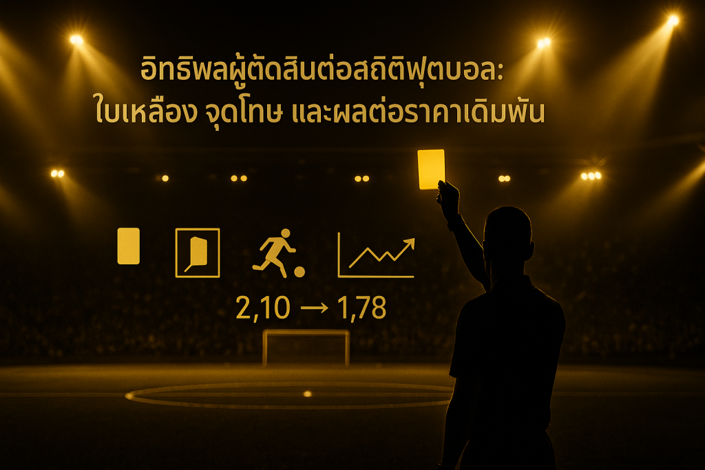 อิทธิพลผู้ตัดสินต่อสถิติฟุตบอล ในภาพรวม: ใบเหลือง จุดโทษ และผลต่อราคาเดิมพัน ในธีมหรูหราโทนดำทอง พร้อมผู้ตัดสินชูใบเหลืองและกราฟอัตราต่อรอง