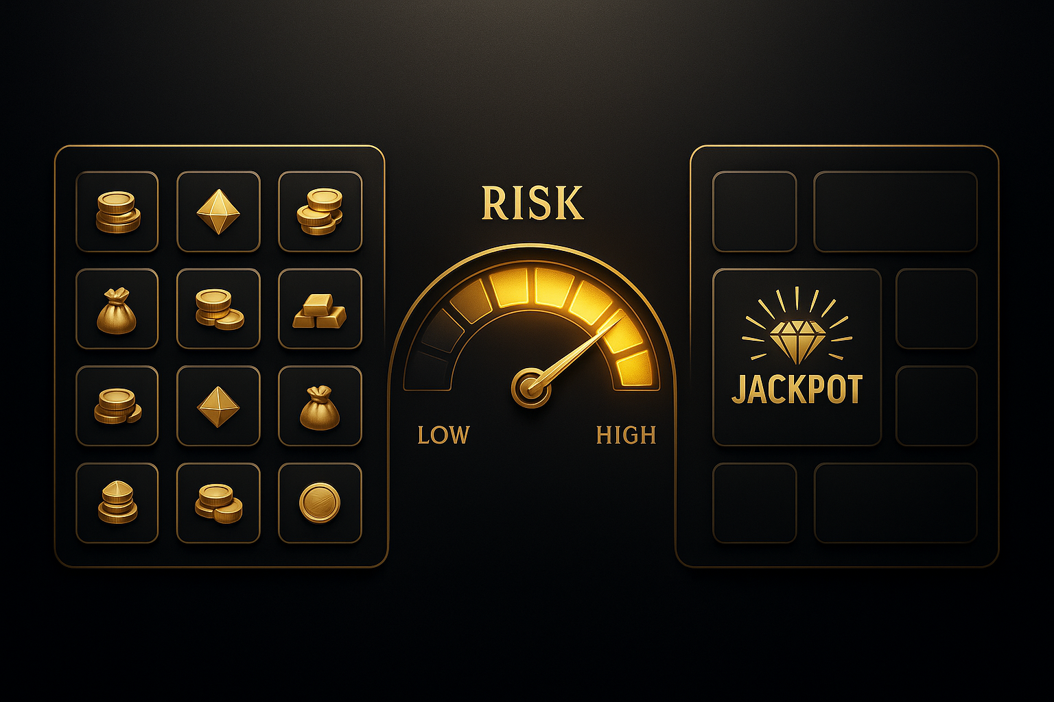 ภาพอธิบายความเสี่ยงและระดับความผันผวนในฟีเจอร์ Pick and Click สล็อต เปรียบเทียบแบบเสี่ยงต่ำและเสี่ยงสูงในโทนดำทอง