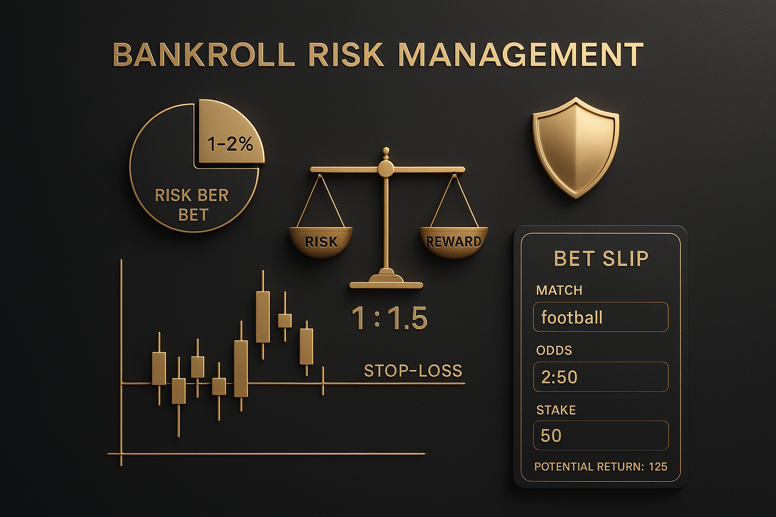 ภาพบริหารความเสี่ยงและ Stop-Loss สำหรับการตั้ง Take-Profit แทงบอล โทนหรูหราดำทอง เน้นการจำกัดความเสี่ยงต่อบิลและอัตราส่วนผลตอบแทน