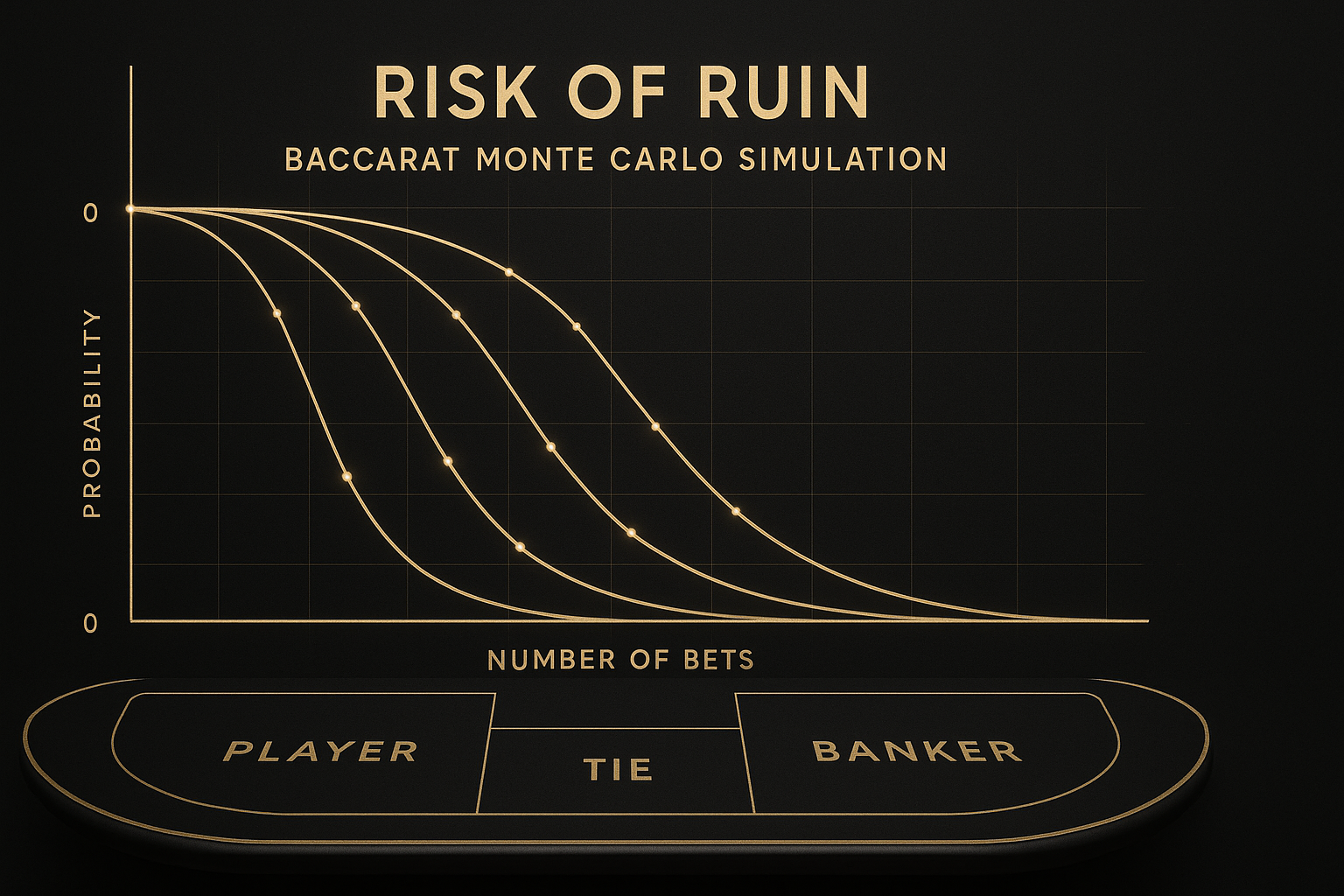 กราฟ risk of ruin จากการจำลองมอนติคาร์โล บาคาร่า ธีมดำทอง เปรียบเทียบโอกาสล้มพอร์ตตามขนาดพอร์ตและอัตราเดิมพัน