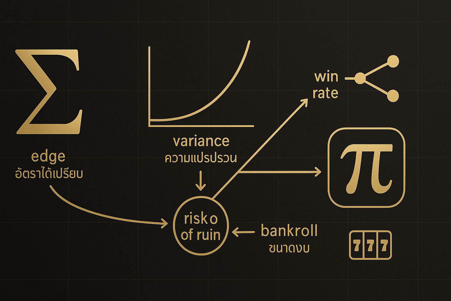 สูตรคำนวณความเสี่ยงล้มพอร์ตสล็อต พร้อมตัวแปร เช่น edge variance และ bankroll