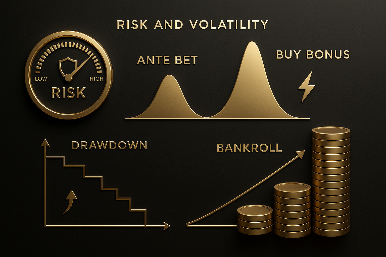 อินโฟกราฟิกความเสี่ยงและความผันผวน เปรียบเทียบ Ante Bet กับ Buy Bonus สล็อต พร้อมภาพกองทุนสำรองและมิเตอร์ความเสี่ยงในธีมหรูหราดำทอง