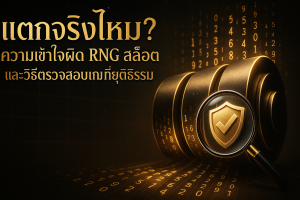 ภาพปกดำทองพร้อมข้อความ 'แตกจริงไหม? ความเข้าใจผิด RNG สล็อต และวิธีตรวจสอบเกมที่ยุติธรรม' สื่อถึงแนวคิดความเข้าใจผิด RNG สล็อต และการตรวจสอบความยุติธรรมของเกม