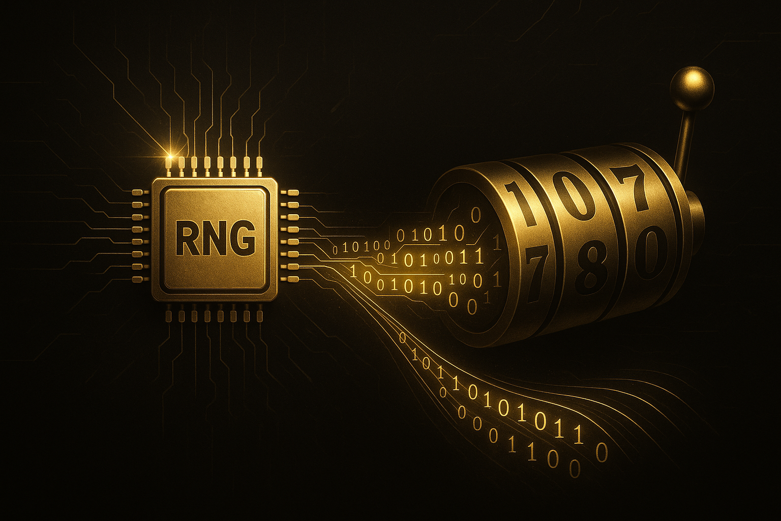 ภาพเชิงแนวคิด RNG เชื่อมโยงกับช่วงเวลาเล่นสล็อต แสดงชิพสุ่มตัวเลขและวงล้อสล็อตในโทนดำทองหรูหรา