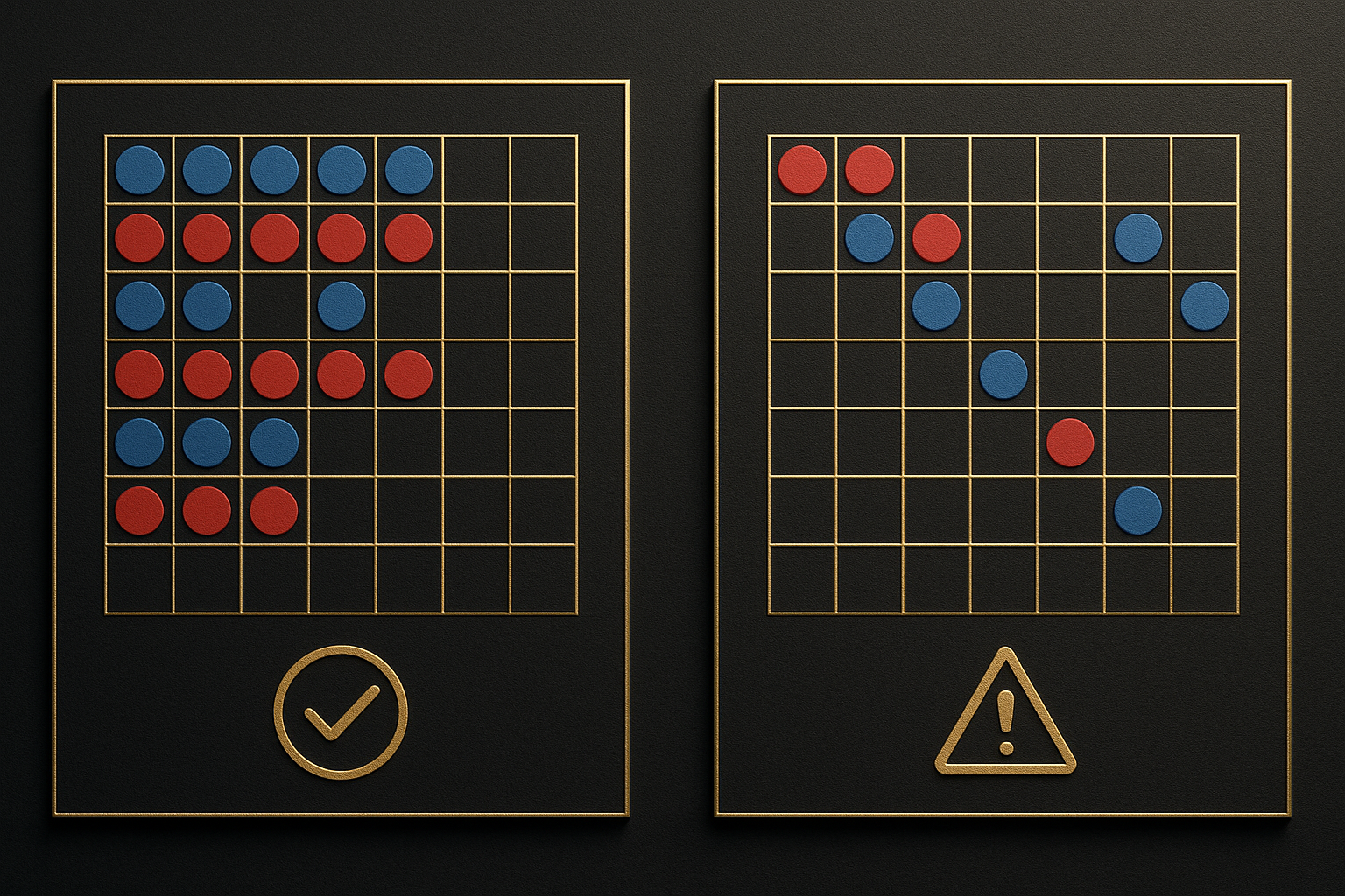 ภาพเปรียบเทียบโรดแมปบาคาร่าเพื่อจับเค้าไพ่หลอกบาคาร่า โดยแสดงรูปแบบจริงเทียบสัญญาณลวงในโทนดำทอง
