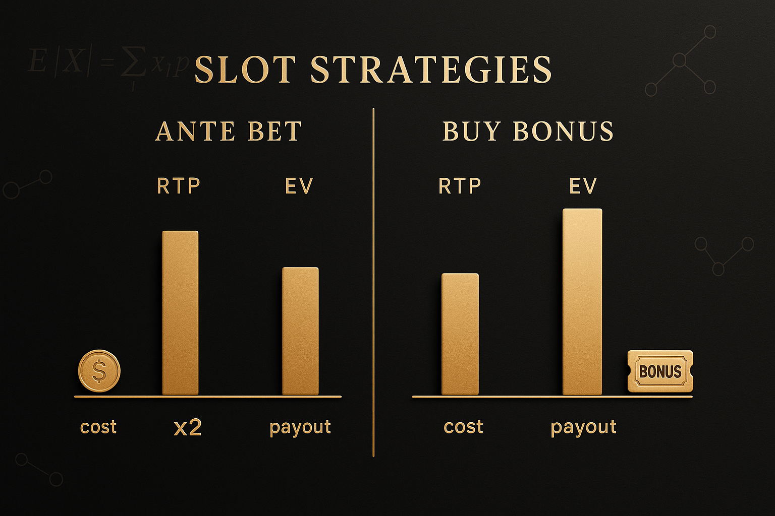 กราฟอินโฟ เปรียบเทียบ Ante Bet กับ Buy Bonus สล็อต โดยเน้นค่า RTP และ EV ในธีมหรูหราดำทอง