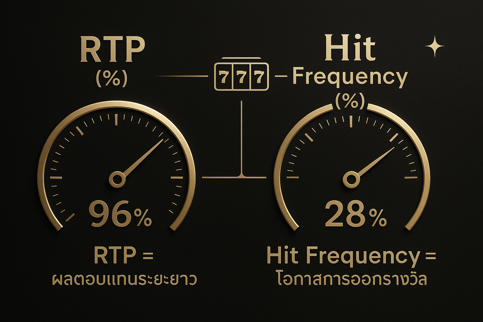 อินโฟกราฟิก เปรียบเทียบ RTP กับ Hit Frequency สล็อต ด้วยเกจวัดและคำอธิบายสั้น ๆ โทนหรูหราดำทอง