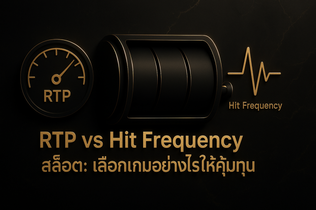 ภาพฟีเจอร์สรุปบทความ เปรียบเทียบ RTP กับ Hit Frequency สล็อต ในโทนหรูหราดำทอง พร้อมข้อความหัวเรื่อง “RTP vs Hit Frequency สล็อต: เลือกเกมอย่างไรให้คุ้มทุน”