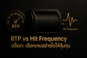 ภาพฟีเจอร์สรุปบทความ เปรียบเทียบ RTP กับ Hit Frequency สล็อต ในโทนหรูหราดำทอง พร้อมข้อความหัวเรื่อง “RTP vs Hit Frequency สล็อต: เลือกเกมอย่างไรให้คุ้มทุน”