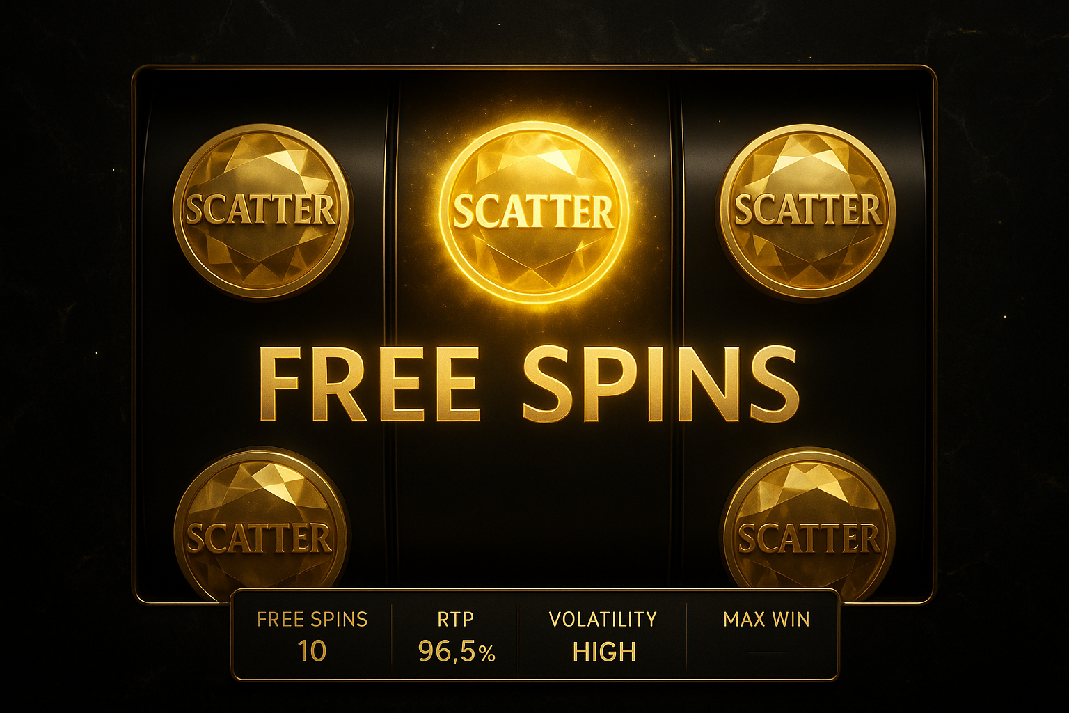 ภาพอธิบายสัญลักษณ์ Scatter ที่ทริกเกอร์ฟรีสปินและแนวทางเลือกเกมให้คุ้มค่า โดยแสดง RTP/Volatility ในธีมหรูหราดำทอง — สัญลักษณ์ Wild และ Scatter สล็อต