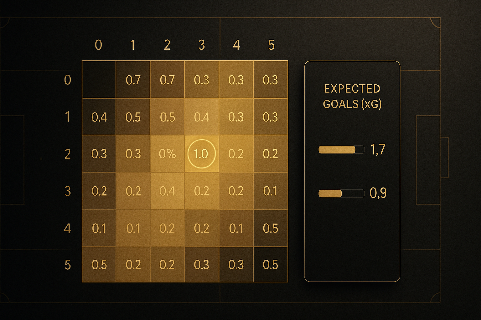 ฮีตแมพตารางสกอร์ไลน์จากโมเดล Poisson ฟุตบอล โทนดำทอง แสดงความน่าจะเป็นของผลสกอร์ต่างๆ และค่าคาดหมาย xG ของทั้งสองทีม