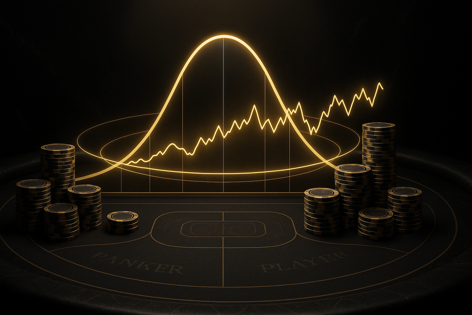 ภาพกราฟแสดงความเสี่ยงต่อเซสชันและส่วนเบี่ยงเบนมาตรฐานบาคาร่า บนฉากโต๊ะบาคาร่าโทนดำทอง