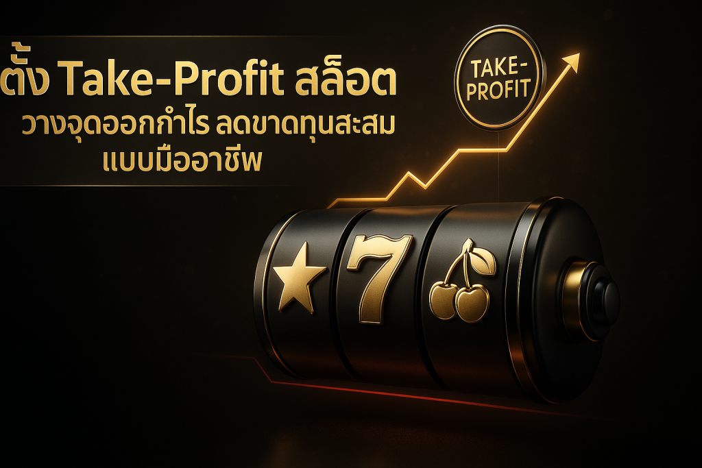 ภาพฟีเจอร์ธีมหรูหราโทนดำทอง สื่อถึงการ ตั้ง Take-Profit สล็อต ด้วยเส้นกำไรพุ่งชนเป้าหมายเหนือวงล้อสล็อต และมีข้อความหัวเรื่องบนภาพ