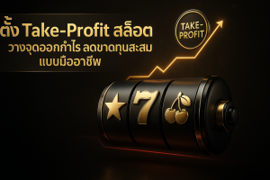 ภาพฟีเจอร์ธีมหรูหราโทนดำทอง สื่อถึงการ ตั้ง Take-Profit สล็อต ด้วยเส้นกำไรพุ่งชนเป้าหมายเหนือวงล้อสล็อต และมีข้อความหัวเรื่องบนภาพ