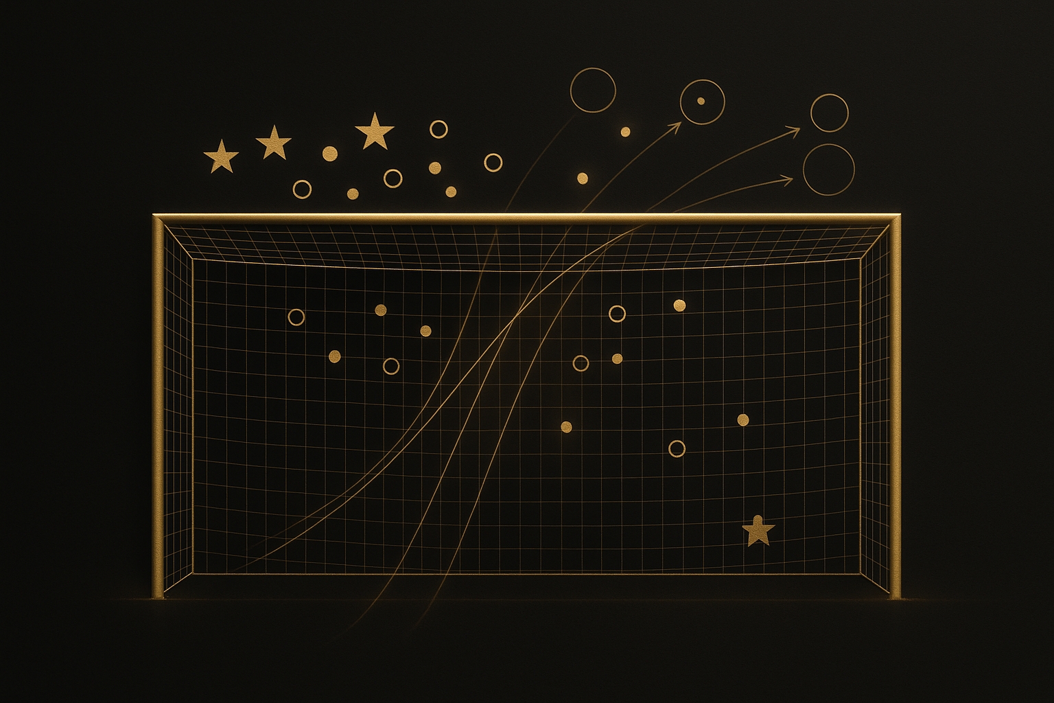 ภาพแผนที่การยิง ฟุตบอล แบบ shot placement แสดงแพทเทิร์นการจบสกอร์ไปยังมุมบนและเสาไกลในโทนดำทอง