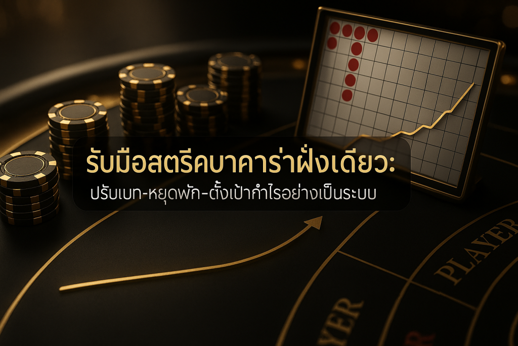 ภาพฟีเจอร์ธีมดำทอง แสดงโต๊ะบาคาร่าและกราฟสตรีคฝั่งเดียว พร้อมข้อความหัวข้อ รับมือสตรีคบาคาร่าฝั่งเดียว: ปรับเบท-หยุดพัก-ตั้งเป้ากำไรอย่างเป็นระบบ