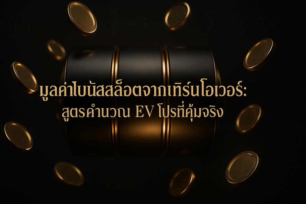 ภาพหน้าปกโทนหรูหราดำทอง แสดงมูลค่าโบนัสสล็อตจากเทิร์นโอเวอร์ พร้อมข้อความหัวเรื่องและแนวคิดการคำนวณ EV โปรที่คุ้มจริง