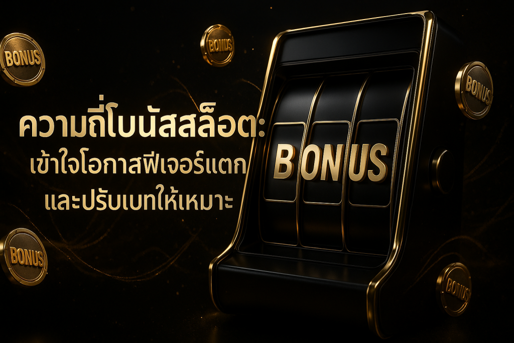 ภาพปกธีมหรูหราดำทอง แสดงแนวคิดความถี่โบนัสสล็อต พร้อมข้อความหัวข้อบทความ: ความถี่โบนัสสล็อต: เข้าใจโอกาสฟีเจอร์แตกและปรับเบทให้เหมาะ