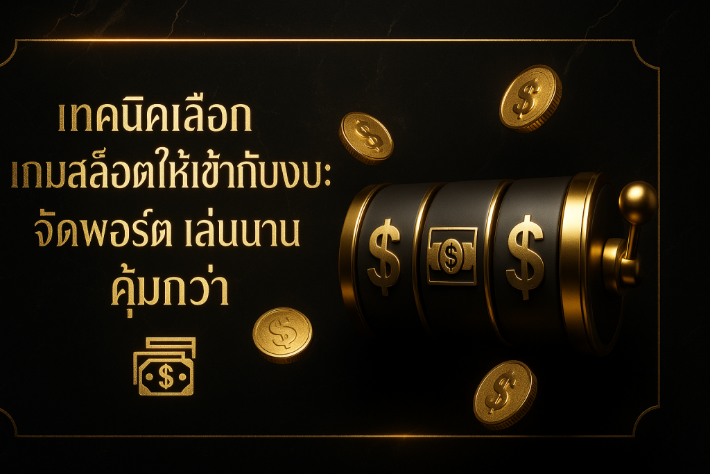 ภาพปกธีมหรูหราดำทอง สื่อถึง เทคนิคเลือกเกมสล็อตให้เข้ากับงบ พร้อมข้อความหัวข้อบนภาพ