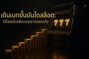 ภาพฟีเจอร์ธีมหรูหราดำทอง แสดงแนวคิดเดินเบทขั้นบันไดสล็อต ด้วยบันไดชิปทองและสล็อตแมชชีน พร้อมข้อความหัวข้อบทความ