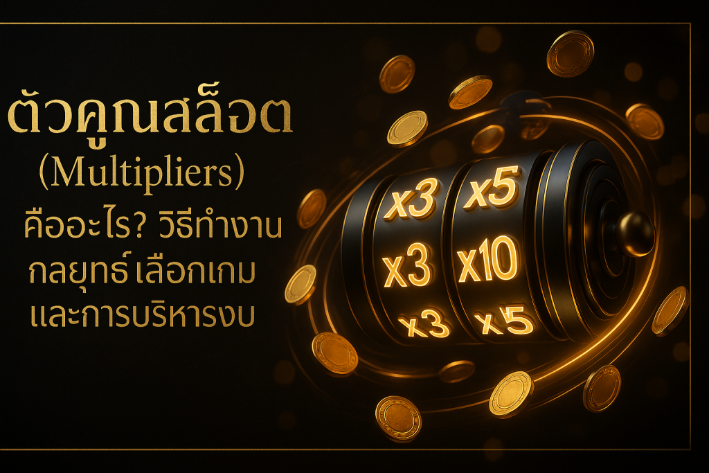 ภาพฟีเจอร์ธีมหรูหราดำทอง แสดงตัวคูณสล็อต x2 x3 x5 x10 พร้อมข้อความหัวข้อบทความ