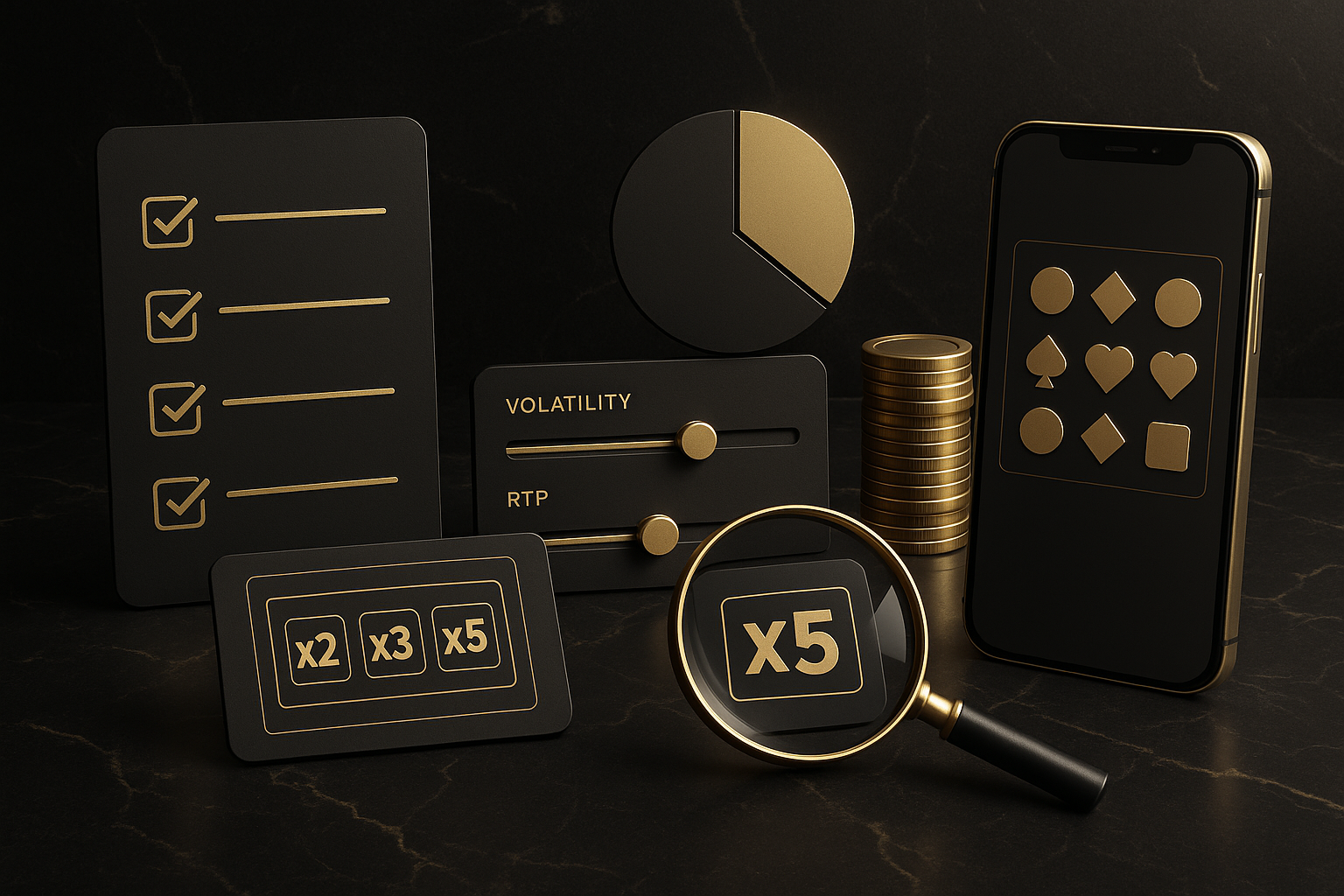 ภาพกลยุทธ์เลือกเกมและการบริหารงบสำหรับตัวคูณสล็อต ธีมหรูหราดำทอง พร้อมไอคอนตัวคูณ x2 x3 x5 และองค์ประกอบงบประมาณ