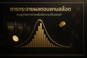 การกระจายผลตอบแทนสล็อตในภาพรวมพร้อมกราฟฮิสโตแกรมและเส้นโค้งความน่าจะเป็น ธีมหรูหราดำทอง พร้อมข้อความหัวข้อ