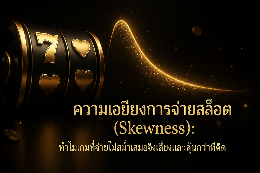 ภาพฟีเจอร์ธีมหรูหราดำทอง แสดงความเอียงการจ่ายสล็อต (skewness) ด้วยสล็อตแมชชีนและกราฟโค้งเอียง พร้อมข้อความหัวข้อบนภาพ