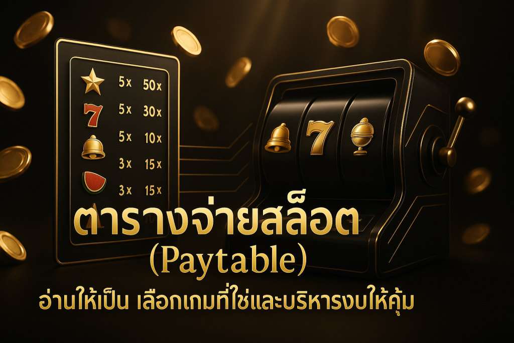 ภาพฟีเจอร์ธีมหรูหราสีดำทอง แสดงตารางจ่ายสล็อตพร้อมเส้นเพย์ไลน์และหน้าจอสล็อต มีข้อความหัวเรื่องบนภาพ