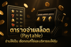 ภาพฟีเจอร์ธีมหรูหราสีดำทอง แสดงตารางจ่ายสล็อตพร้อมเส้นเพย์ไลน์และหน้าจอสล็อต มีข้อความหัวเรื่องบนภาพ